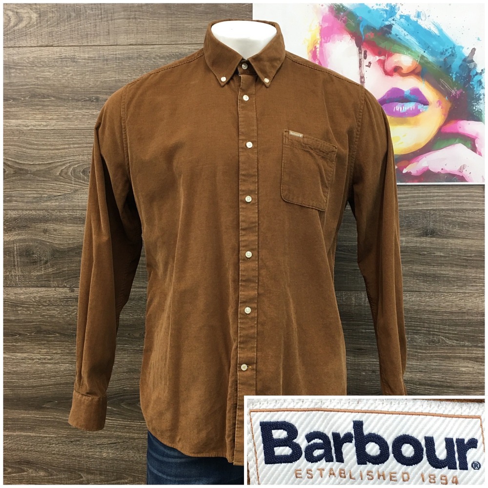 Barbour Mens Tailored Fit Corduroy Button Down Shirt Brown Size Large